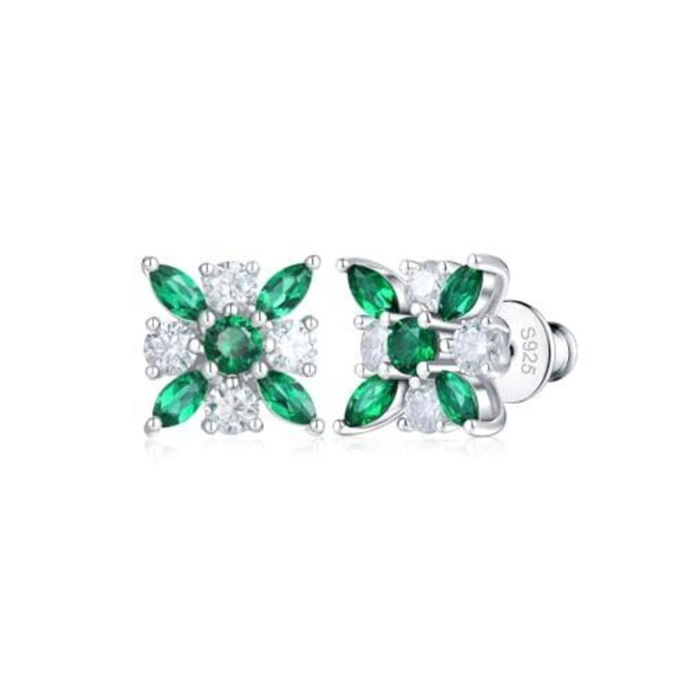 Flower Emerald Stud Earrings for Women Hypoallergenic Sterling Silver Moissanit